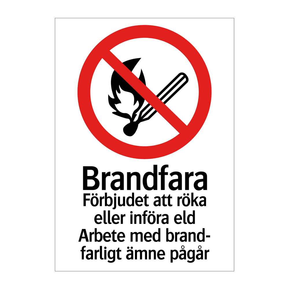 Brandfara Förbjudet att röka eller införa eld Arbete med brandfarligt ämne pågår