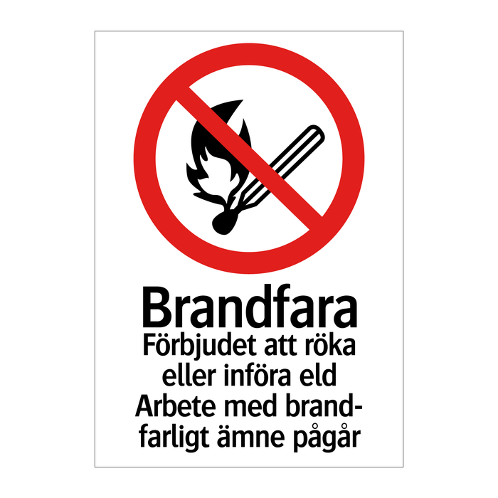 Brandfara Förbjudet att röka eller införa eld Arbete med brandfarligt ämne pågår