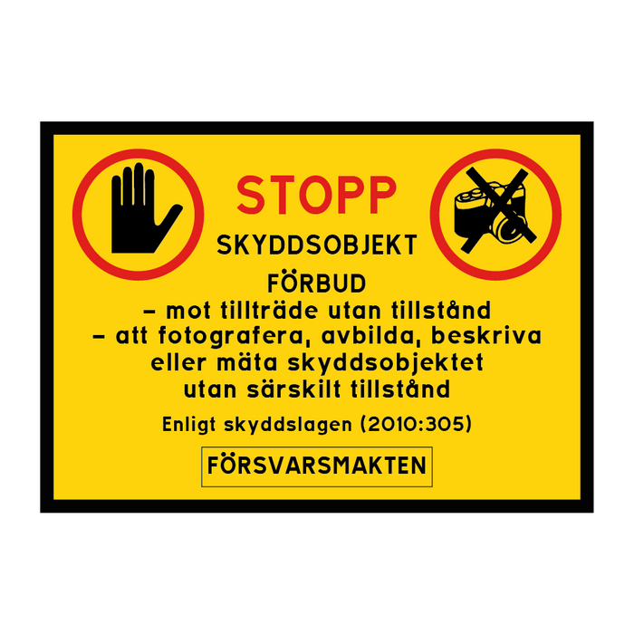 Skyddsobjekt - Förbud mot tillträde samt förbud att ta fotografier, göra andra avbildningar, beskrivningar eller mätningar, Försvarsmakten