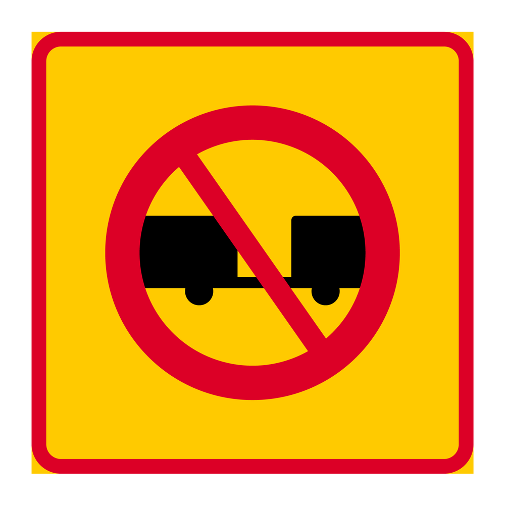 E20-5 Områdesmärke Förbud mot trafik med motordrivet fordon med tillkopplad släpvagn